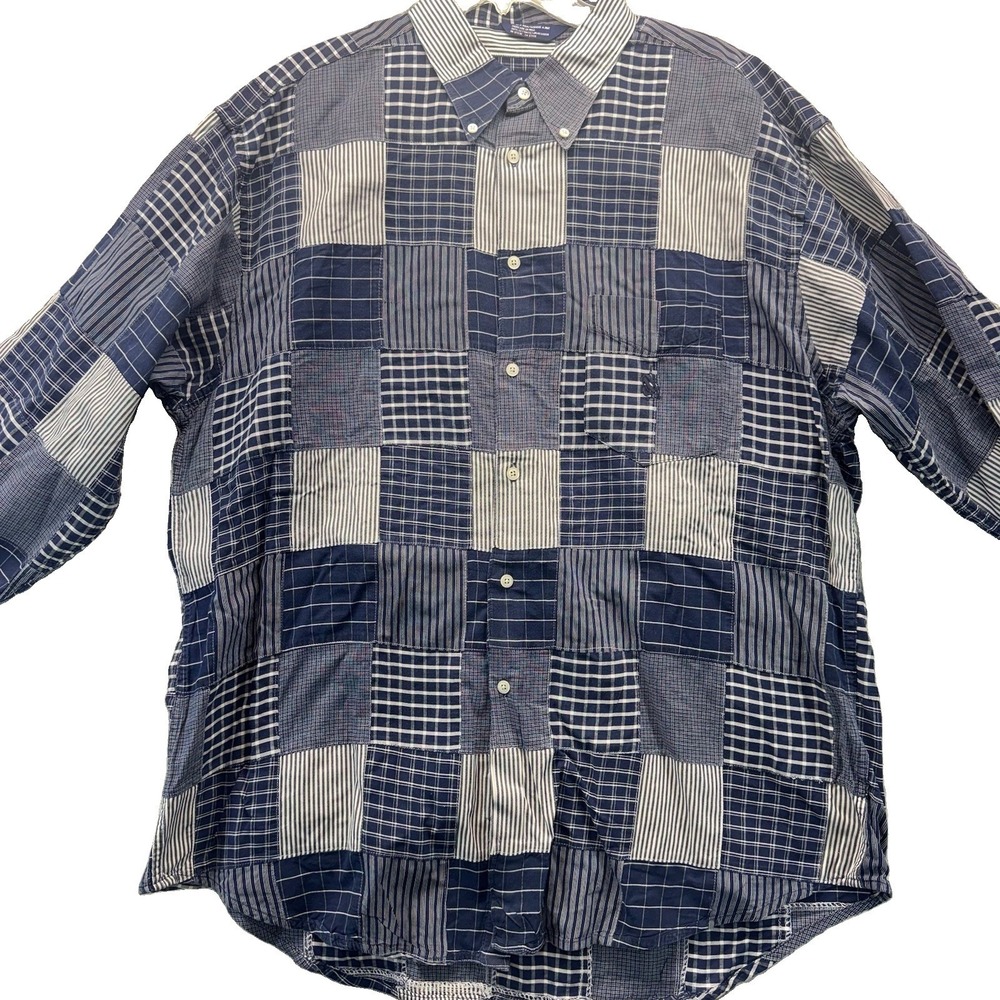 Nautica Mens XL Patchwork Button Down Shirt Navy White Plaid Stripe
